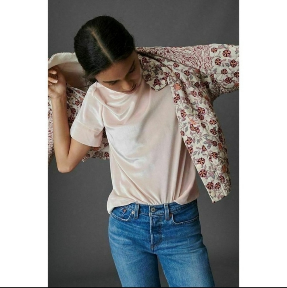 Anthropologie Krisha Velvet Mock Neck Short Sleeve Top In Pink Women's Small
